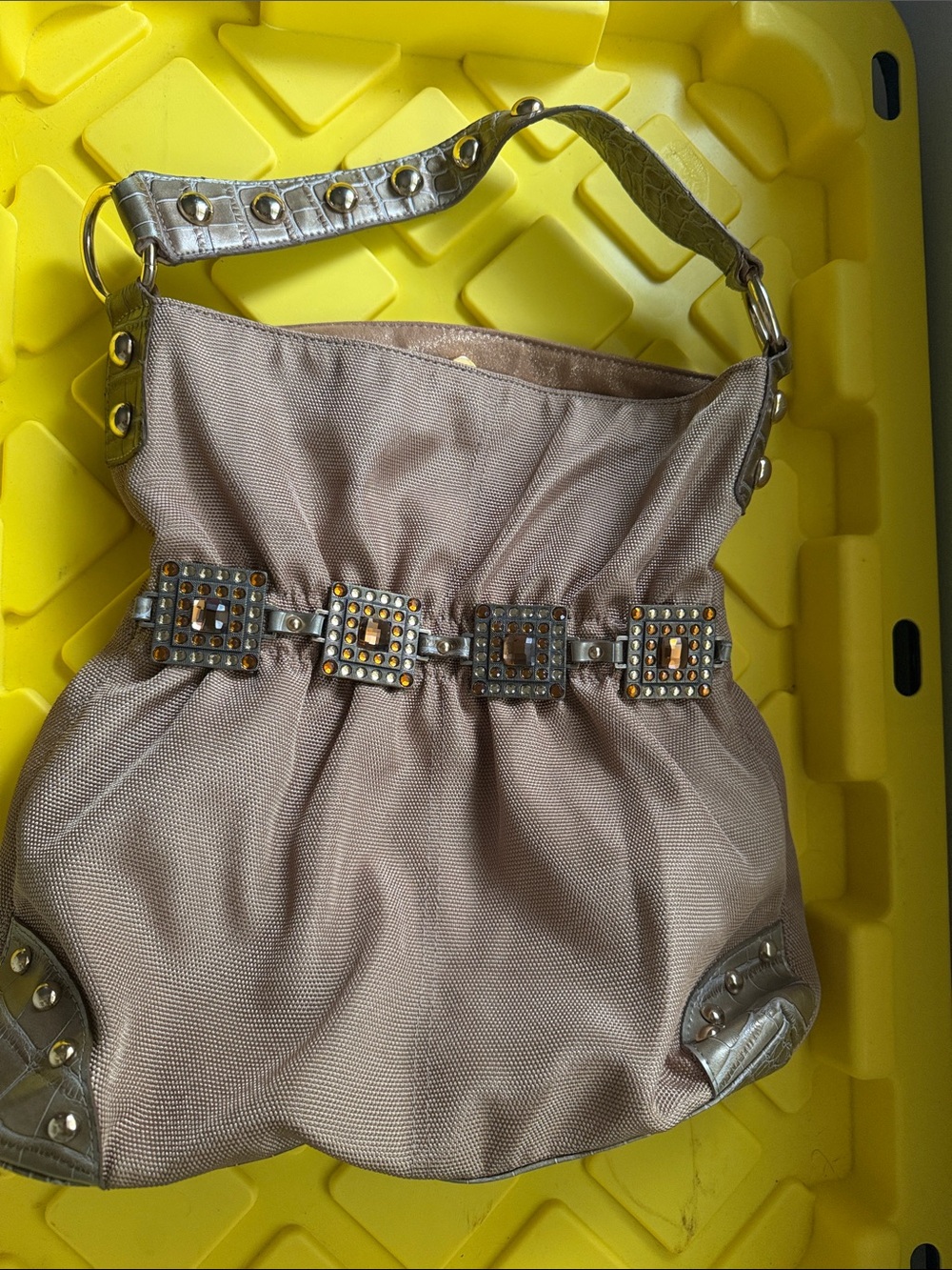 Kathy Van Zeeland Taupe and Metallic Gold Shoulder Bag